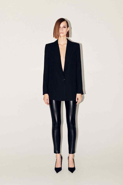 Dark navy blazer with notch lapels and button front, 3/4 sleeves