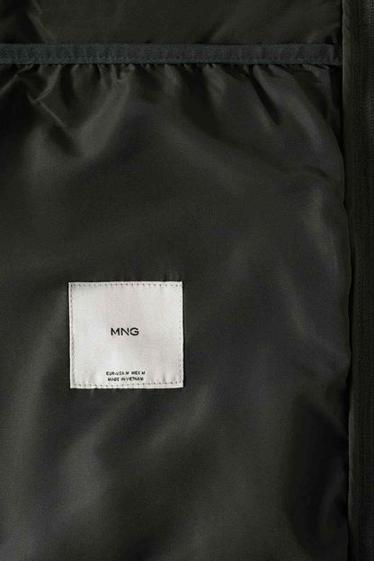 Mango dark olive jacket interior label with white tag reading “MNG”.