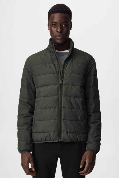 Mango dark olive quilted puffer jacket with full zipper and stand collar.