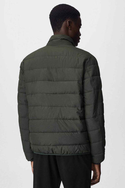 Mango dark olive quilted puffer jacket, back view, full zipper.
