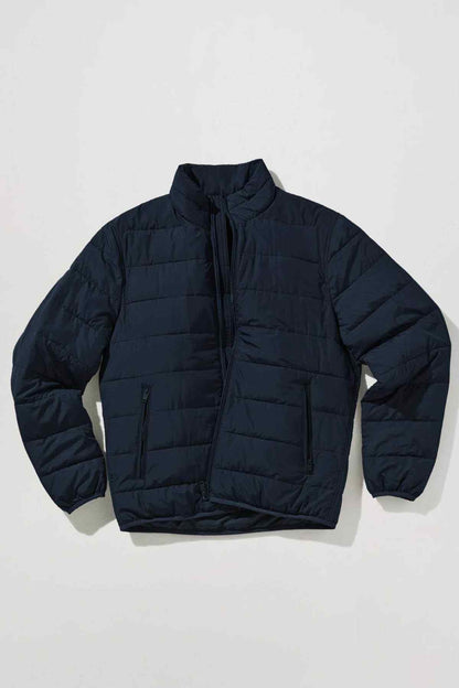 MANGO navy quilted puffer jacket flat lay with full-zip and stand collar