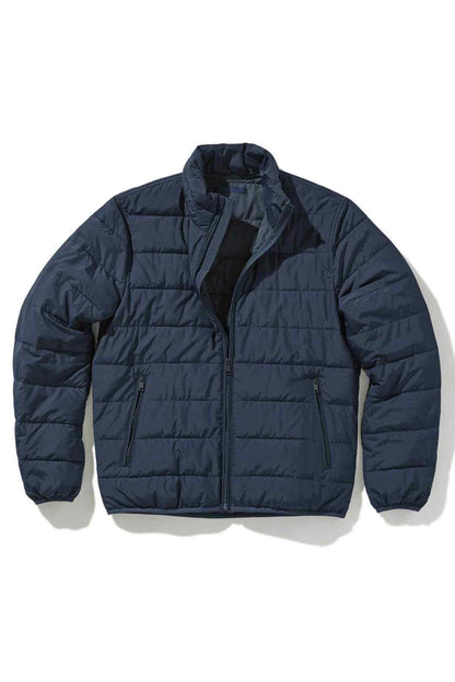 MANGO navy quilted puffer jacket front view with full-zip and side pockets