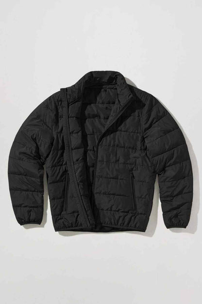 Black puffer jacket, front view with stand collar and padded quilting