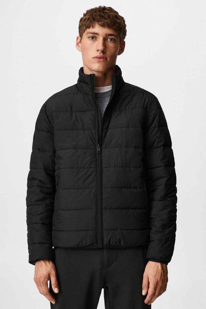 Black zip-up puffer jacket with stand collar and quilted front