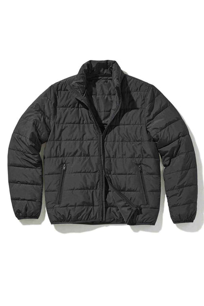 Black puffer jacket with zip front, quilted panels, and utility pockets