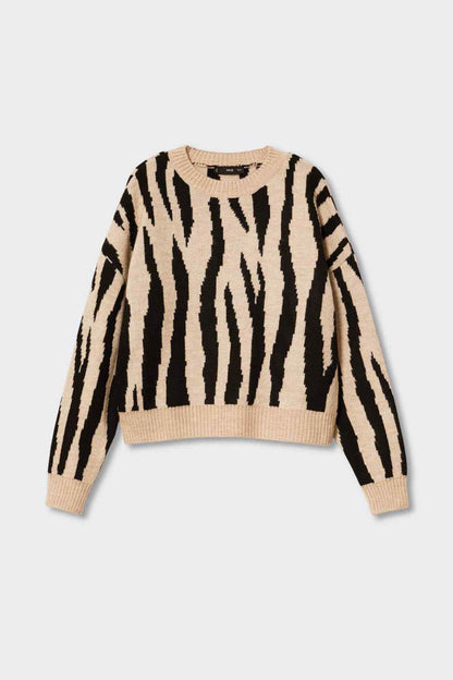 Ecru zebra-print knit sweater with crew neck and long sleeves