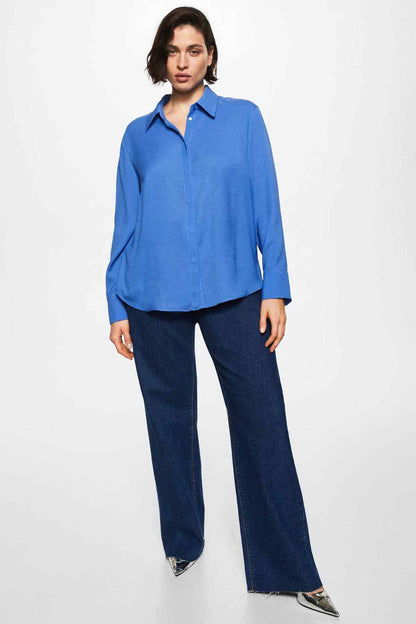Blue button-up shirt with pointed collar and long sleeves, button front