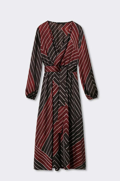 Maroon striped wrap midi dress with balloon sleeves and tie waist belt