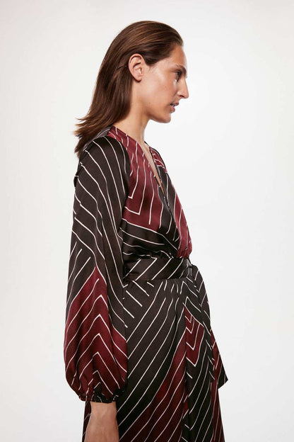 Maroon striped wrap midi dress with long puff sleeves and ruched tie waist