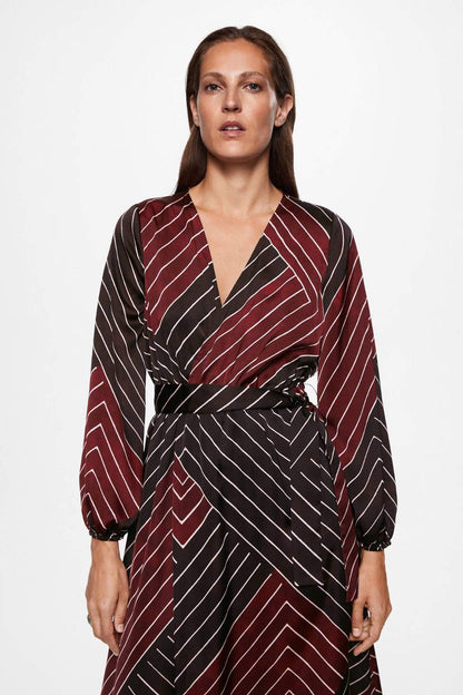 Maroon striped wrap midi dress with long sleeves and tie waist belt