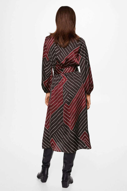 Maroon striped midi dress with V-back, long puff sleeves, and tied waist
