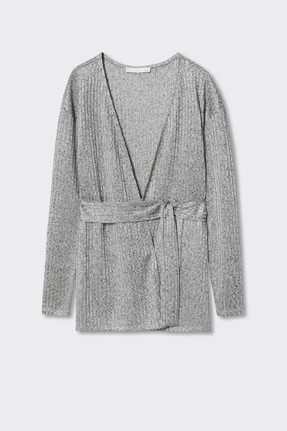 Light heather grey V-neck long-sleeve jumpsuit with tie-belt waist, flat lay