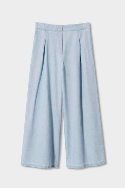 Light blue wide-leg pants with pleated front and straight relaxed legs