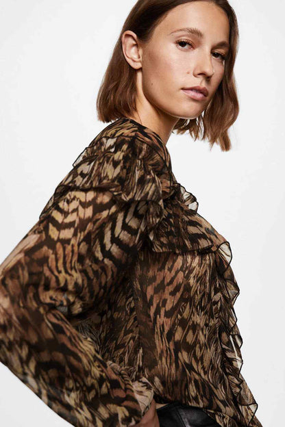 Brown patterned ruffle-sleeve blouse with V-neck and draped shoulder ruffles