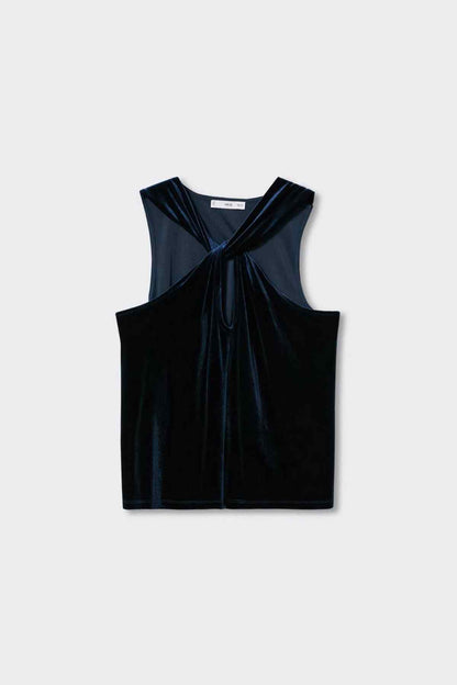 Mango halter-neck velvet top, dark navy, flat-lay V-tie front