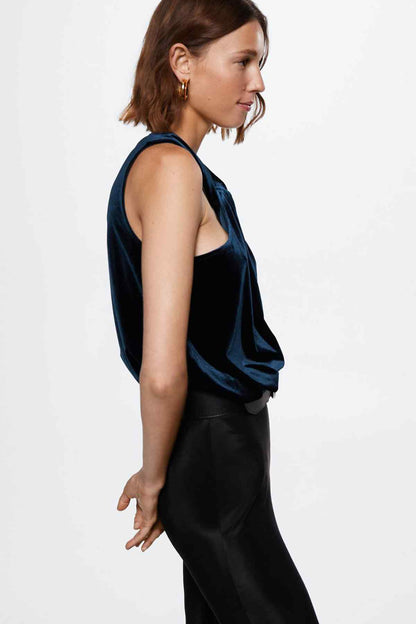 Mango halter-neck velvet top, dark navy, sleeveless draped side view