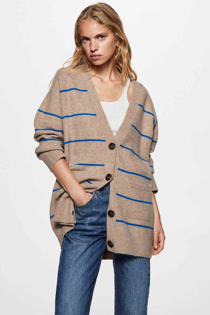 MANGO striped knit cardigan, beige with blue horizontal stripes and button front