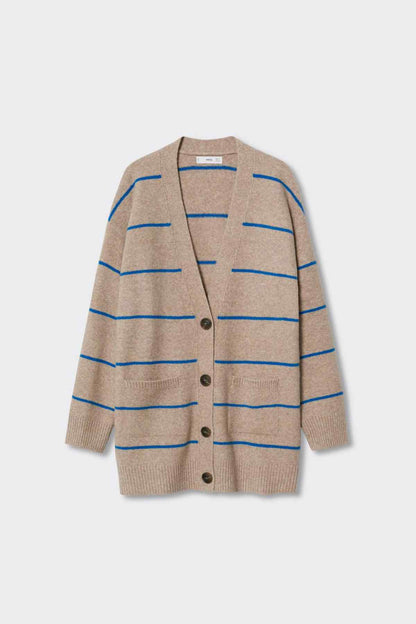 Beige striped knit cardigan with blue horizontal lines and button front