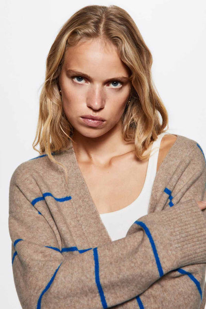 Beige striped cardigan with blue line pattern, button placket and V neckline