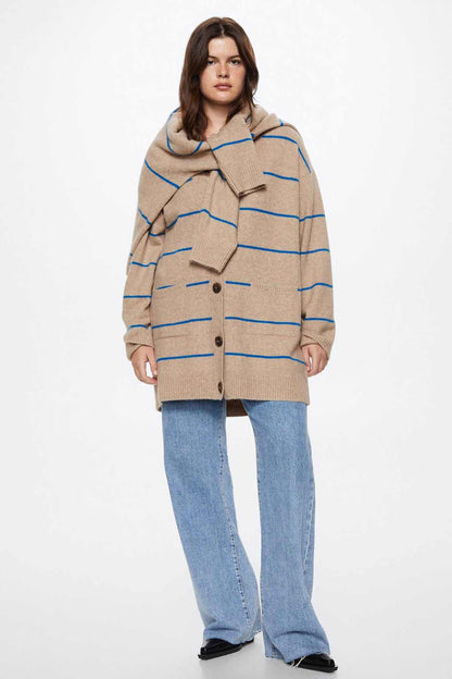 Beige striped knit cardigan with blue horizontal lines, button front, hoodless