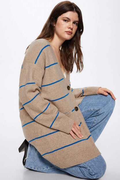 Beige striped cardigan with blue stripe print and button front, long sleeves