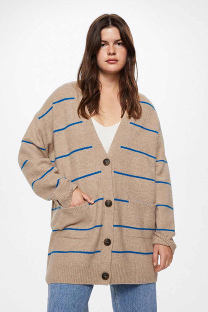 Beige striped button-up cardigan with blue horizontal lines and V-shaped neckline