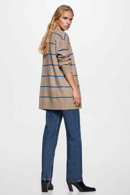 Striped knit cardigan in beige with blue stripes, button front and long sleeves