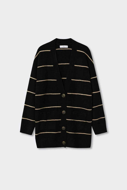 Black striped knit cardigan sweater with front buttons and long sleeves
