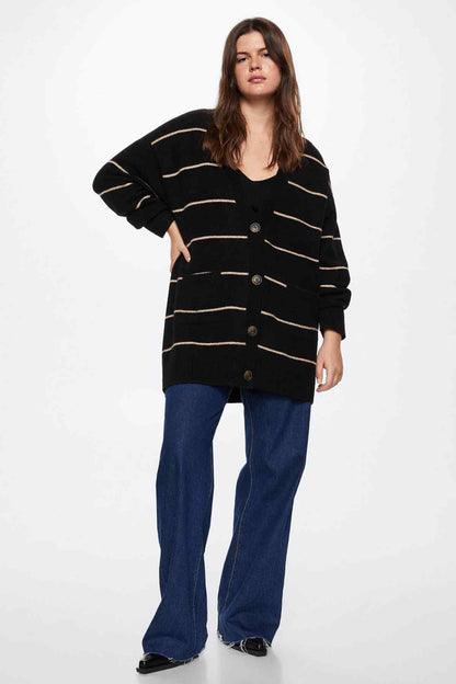 Black striped knit cardigan with button front and ribbed cuffs