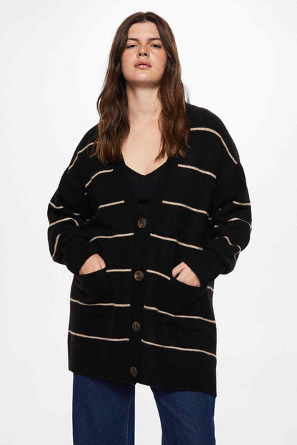 Black striped knit cardigan with V-neck, button front, and ribbed hem