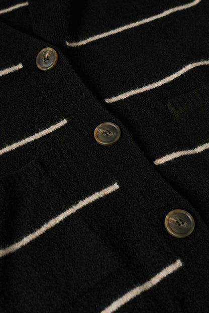 Black knit cardigan fabric with horizontal stripes and round gold buttons
