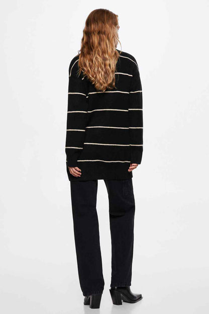 Black striped knit cardigan with ribbed hem and button front, back view
