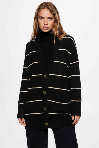 Black striped knit cardigan with gold-tone buttons and ribbed cuffs