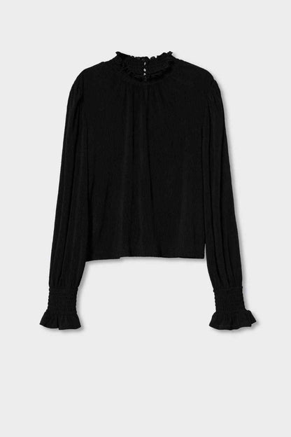 Black long-sleeve blouse with high neck and gathered cuffs