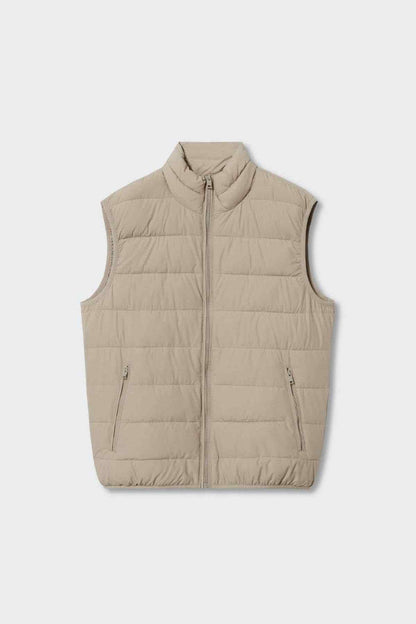 Ice grey puffer vest flat lay with full zipper and stand collar