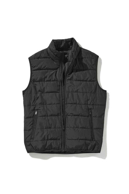 Black quilted padded gilet vest, flat lay with front zip and pockets