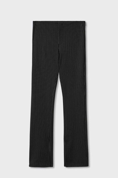 Black pinstripe trousers, flat front and wide leg