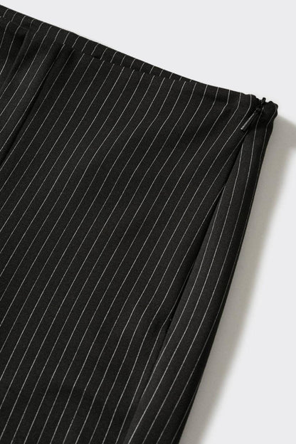Black pinstripe fabric with diagonal rows and waistband detail