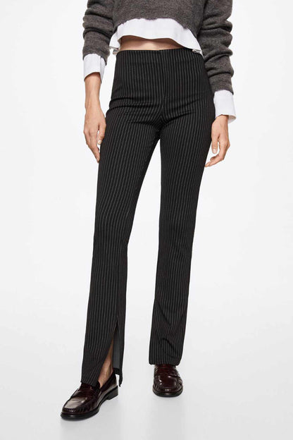 Black pinstripe flared trousers with high rise and center crease