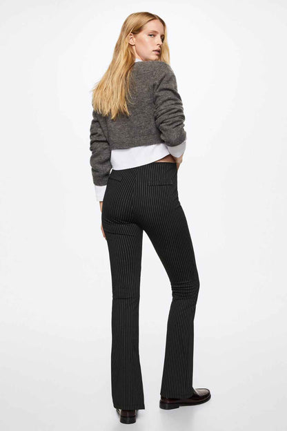 Black pinstripe trousers with flared leg, ankle length