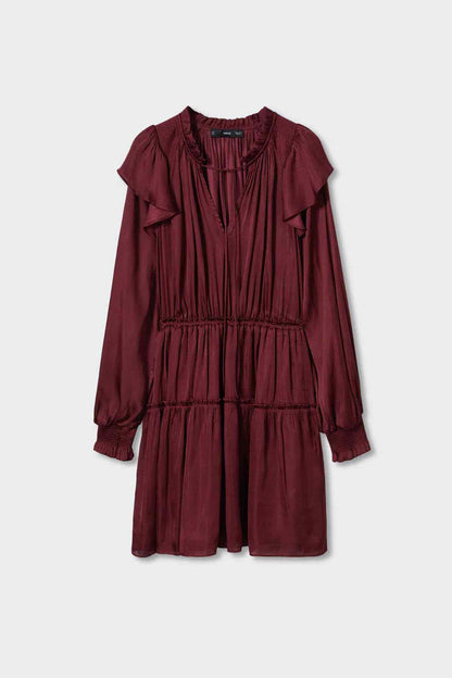 Wine red long-sleeve mini dress with ruffle neckline and smocked waist