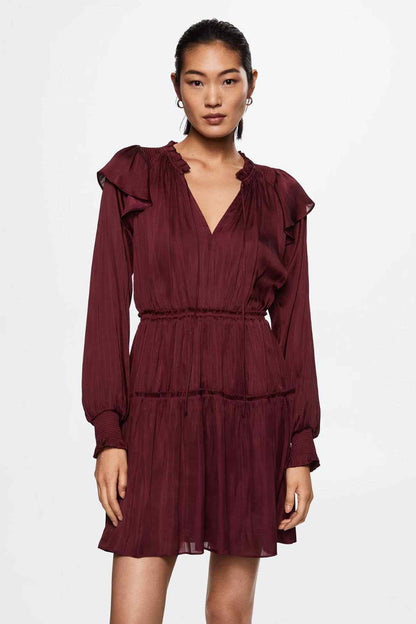 Wine red long-sleeve mini dress with ruffled shoulders and gathered waist