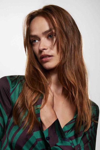 Green and dark striped V-neck midi dress with button placket