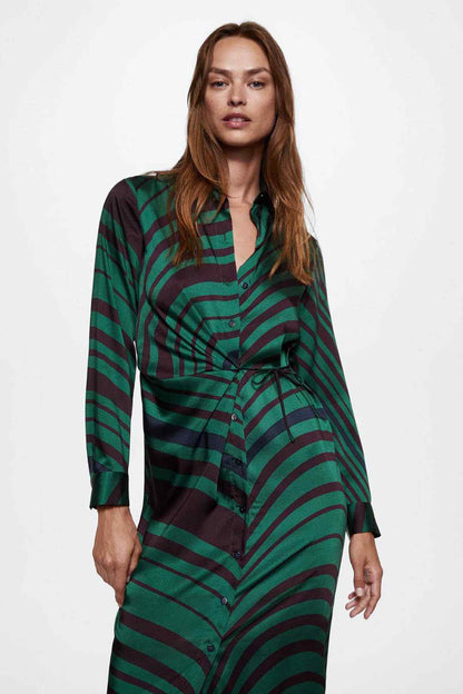 Green and dark striped midi dress with button front and tie waist