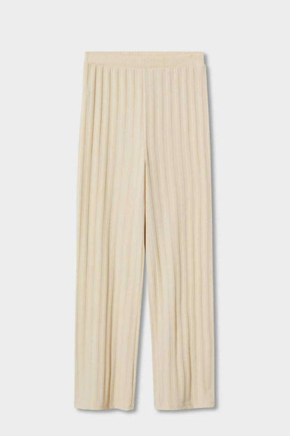 Beige striped wide-leg pants with relaxed pleated front