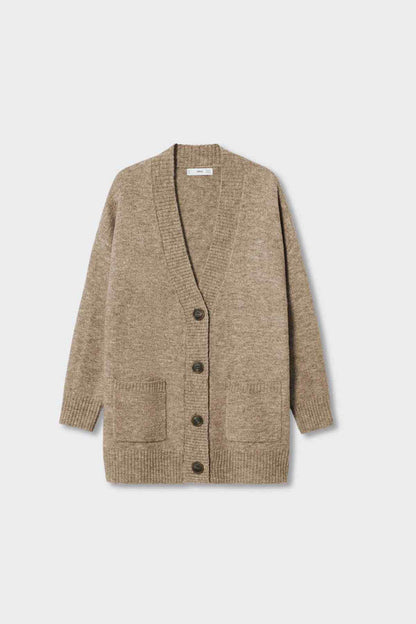 MANGO light grey knit cardigan flat lay with button front and patch pockets