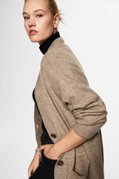 MANGO light grey knit cardigan side view with long sleeves and patch pocket