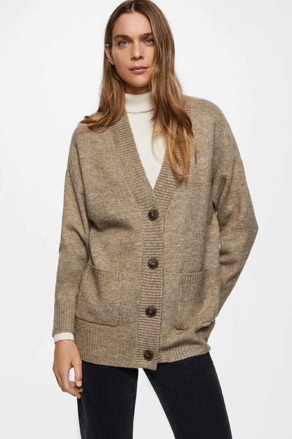 MANGO light grey button-front cardigan with V-neck, long sleeves, and side pockets