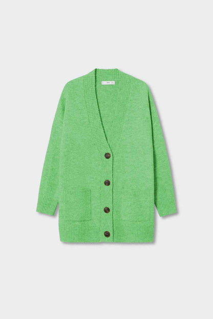 Green knit cardigan with V-neck and four-button front, patch pockets