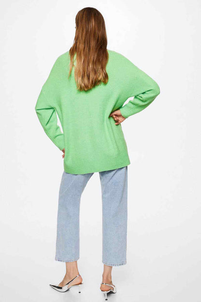 Green knit cardigan back view with V-neckline and button front